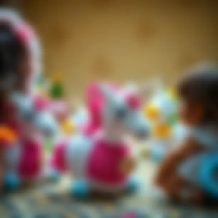 Children engaging in imaginative play with unicorn crochet bags