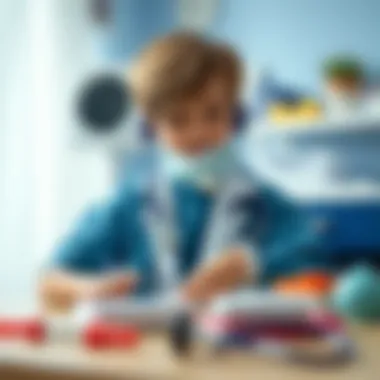 Child practicing medical skills with toy equipment