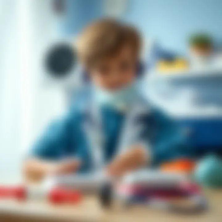 Child practicing medical skills with toy equipment