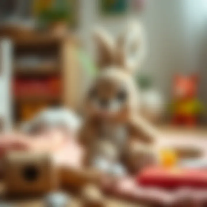 Creative play session featuring a plush rabbit