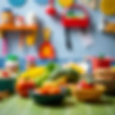 A colorful setup of various food items for educational play